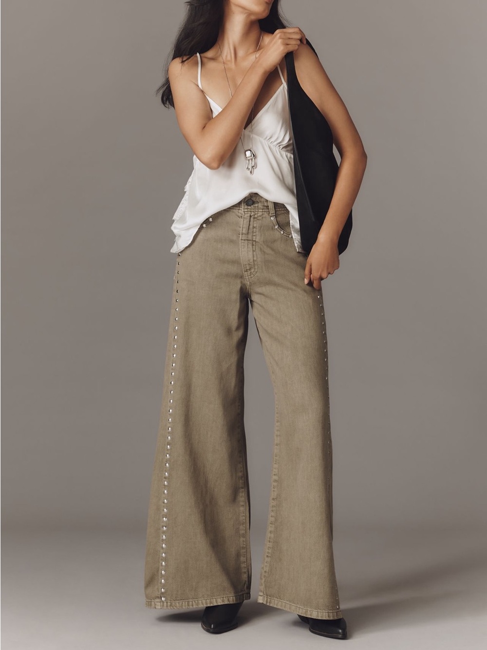 PILCRO Wide-Leg Studded Jeans in Olive for Women